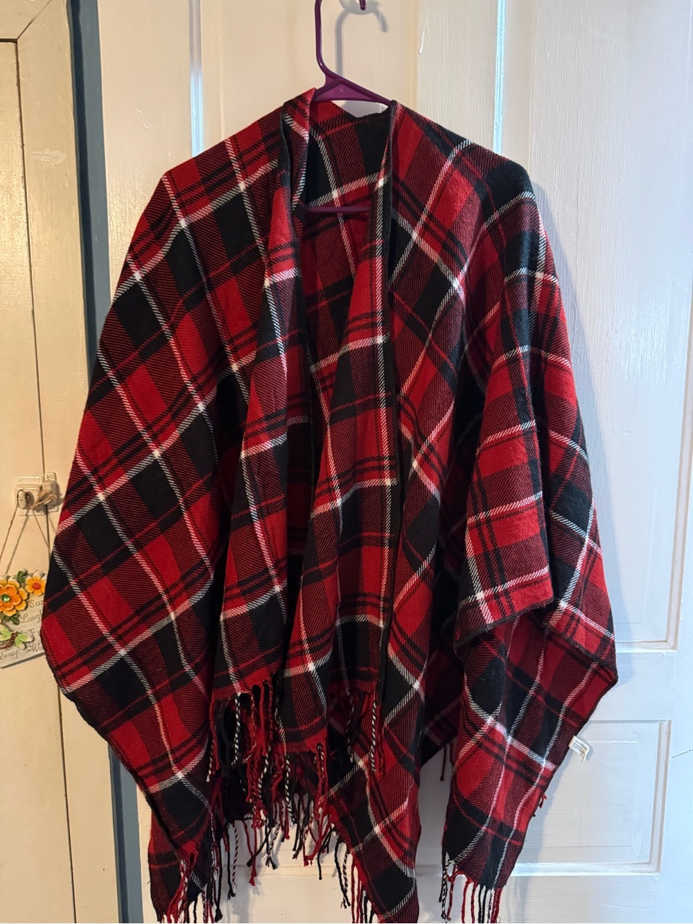 Red and Black Plaid Fringe Poncho